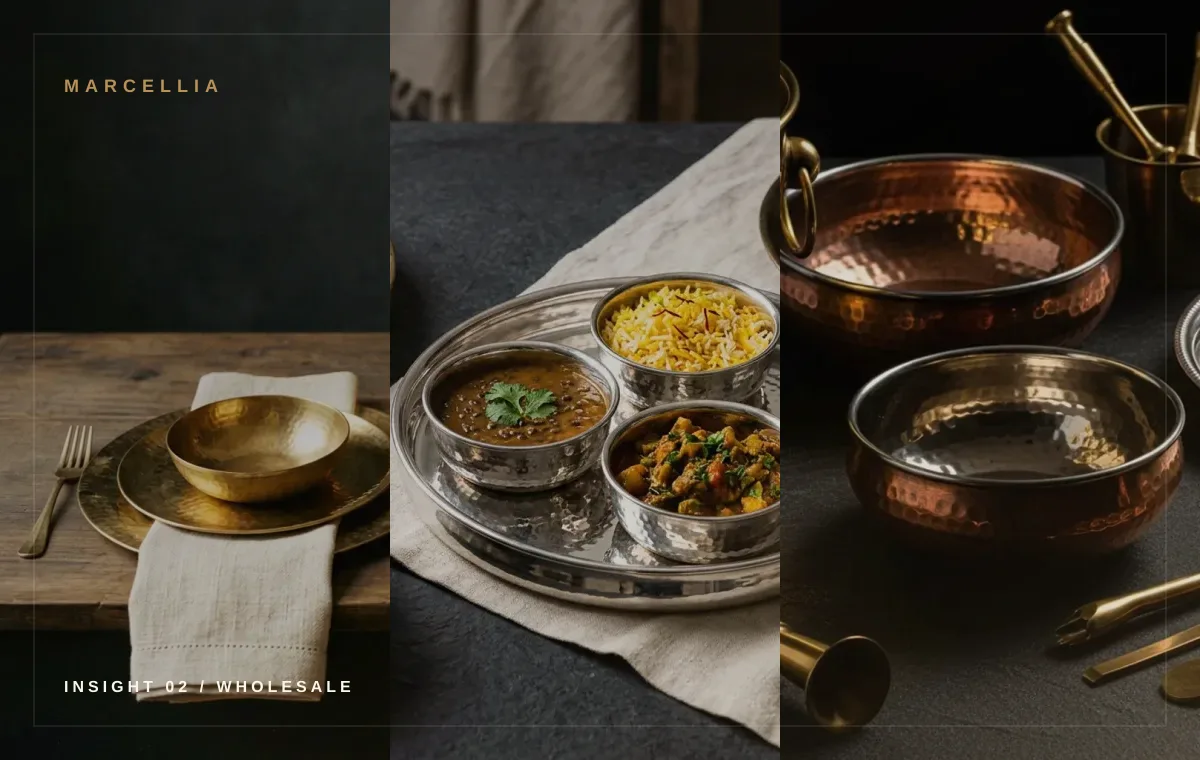 Wholesale metal tableware assortment in brass, copper, and silver-tone finishes