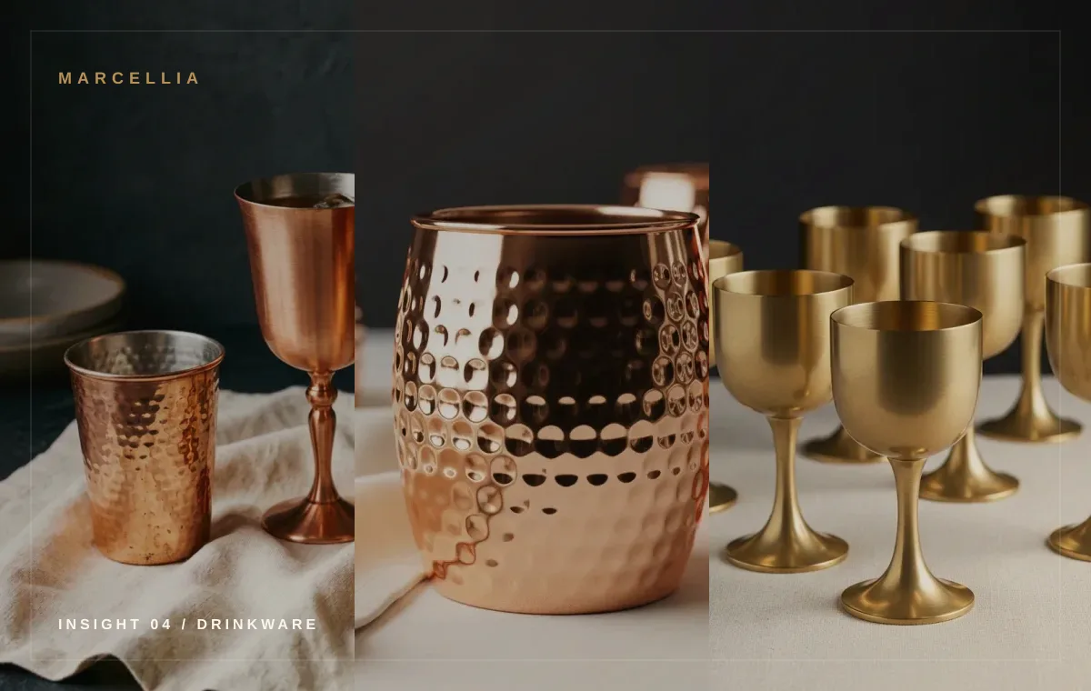 Copper drinkware and barware arranged with warm metal highlights