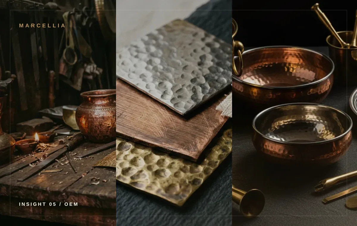 Private-label tableware samples with brass and copper finish notes