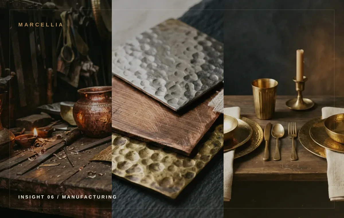 Metal tableware finishing tools and samples in a workshop setting