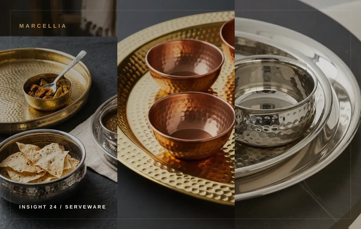 Large hammered brass serving tray with copper bowls and polished metal edges