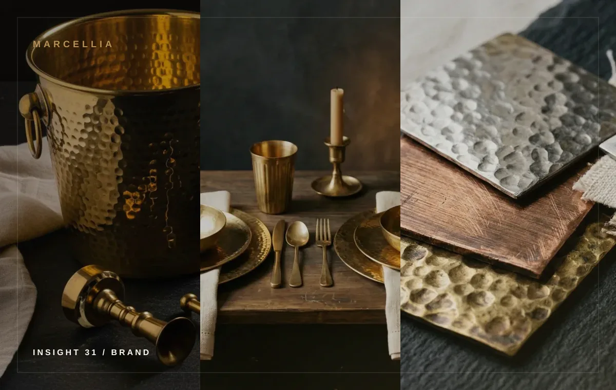 Brass and copper tableware arranged for a wholesale catalogue