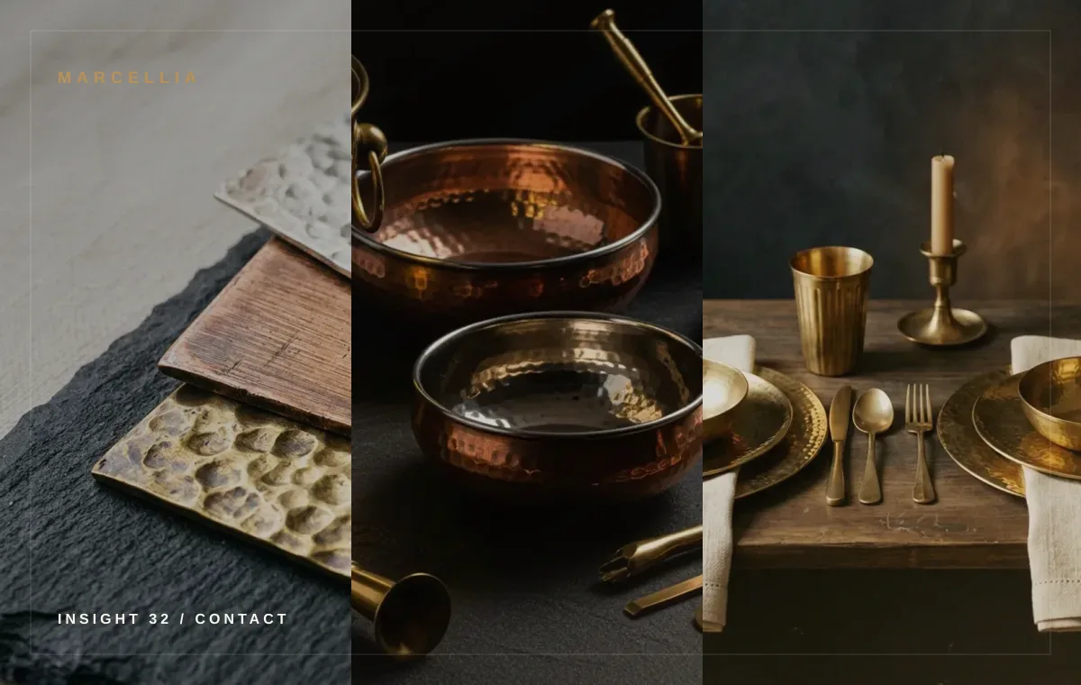 Current website page shown beside metal serveware and catalogue notes