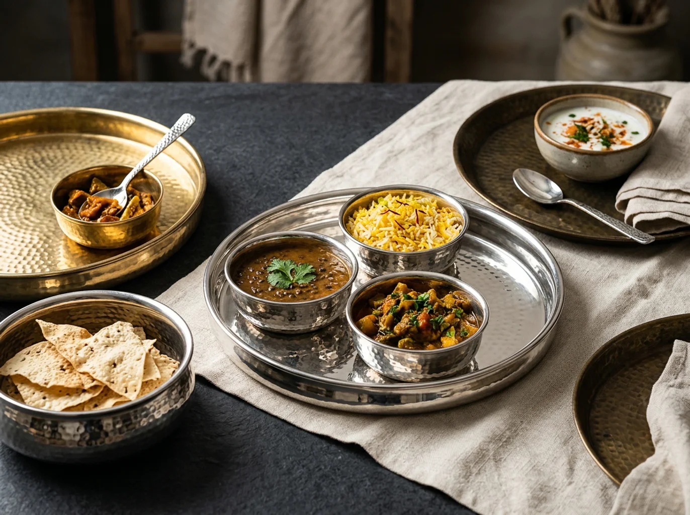 Silver-tone and brass serveware trays with polished rims