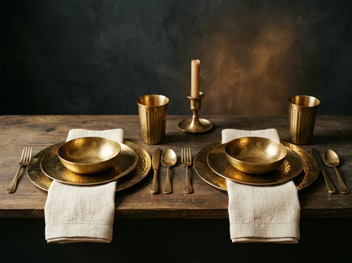 Brass tabletop place setting with hammered plates and warm reflections