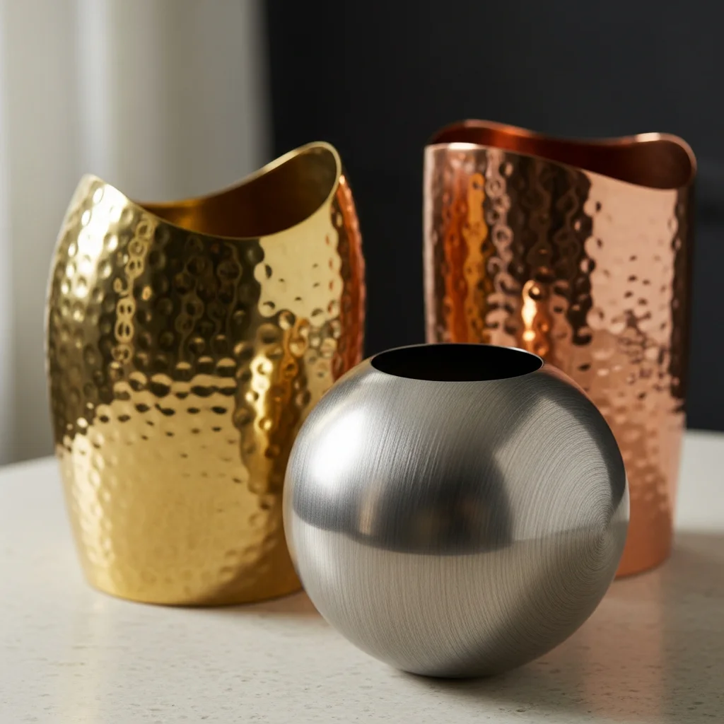 Brass and copper decorative vessels with sculptural silhouettes