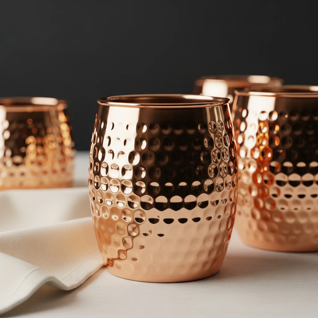 Copper tumblers with hammered texture and warm rim highlights